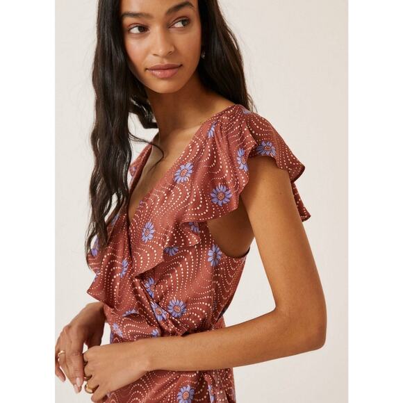 Anthropologie Ruffle Sleeve Printed Wrap Maxi Silky Dress Medium Brown Copper - Picture 3 of 13